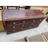 A VICTORIAN PAINTED PINE CHEST OF SIX DRAWERS WITH GLASS HANDLES 59" WIDE