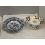 A VINTAGE CROWN WESTMINSTER FOOTED BOWL WITH GILT AND FLORAL DECORATION PLUS A BLUE AND GILT TAZA