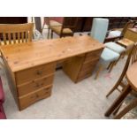 A MODERN PINE KNEEHOLE DRESSING TABLE, 56" WIDE, SMALL STOOL AND DINING CHAIR