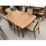 A MODERN TEAK EXTENDING DINING TABLE, 63X37" (TWO LEAVES 17" EACH) AND SIX CHAIRS