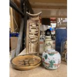 TWO TROIKA STYLE VASES, ASTUDIO POTTERY PLATE AND AN ORIENTAL JAR