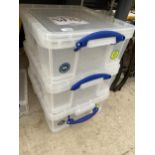 THREE 18L STACKING LIDDED STORAGE BOXES
