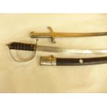 A CHROME PLATED FRENCH 1842/59 SABRE BAYONET, AND AN INDIAN SWORD AND SCABBARD, SCABBARD A/F