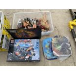 AN ASSORTMENT OF TOYS AND ACTION FIGURES TO INCLUDE ACTION MAN AND POWER RANGERS ETC