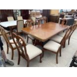 A MODERN HARDWOOD TWIN-PEDESTAL EXTENDING DINING TABLE, 68X44" (LEAF 13") AND NINE QUEEN-ANNE