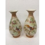 A PAIR OF VINTAGE CROWN DUCAL BLUSHWARE VASES WITH PHEASANT DESIGN