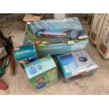 AN ASSORTMENT OF ITEMS TO INCLUDE A LAWN MOWER, A POND PUMP AND A PARABOLIC HEATER ETC