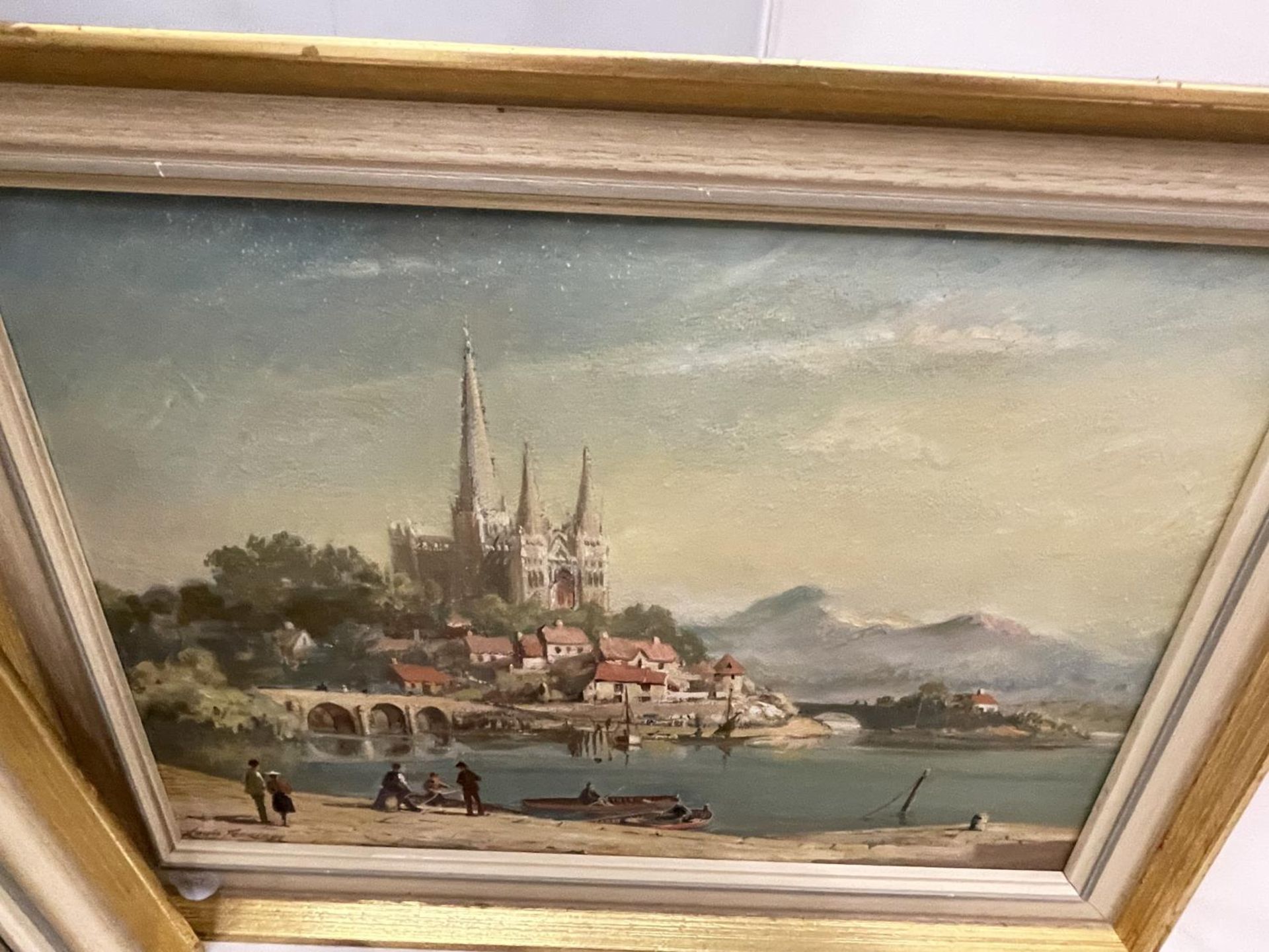 THREE FRAMED OIL ON CANVAS BY LOUIS JENNINGS, SHEFFIELD (BORN 1919) OF TOWN AND RIVER SCENES TO - Image 3 of 6