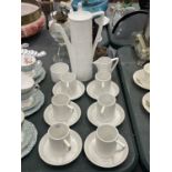 A PORTMEIRION WHITE 'TOTEM' DESIGN COFFEE SET TO INCLUDE COFFEE POT, SUGAR BOWL, CREAM JUG, CUPS AND