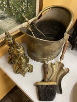 VARIOUS BRASS ITEMS TO INCLUDE A LARGE COAL BUCKET, UNUSUAL SHOVEL, BRUSH, TONGS AND FIRE DOGS