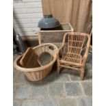 MIXED LOT - PINE BOX ON WHEELS/LAMP/WICKER BASKET AND CONTENTS