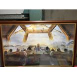 A LARGE FRAMED PRINT OF A MODERN TAKE ON THE LAST SUPPER