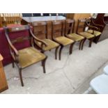 A SET OF SIX MAHOGANY REGENCY STYLE DINING CHAIRS, TWO BEING CARVER