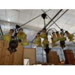 THREE ART DECO STYLE LIGHT FITTINGS WITH COLOURED GLASS SHADES TO INCLUDE A CEILING LIGHT AND TWO