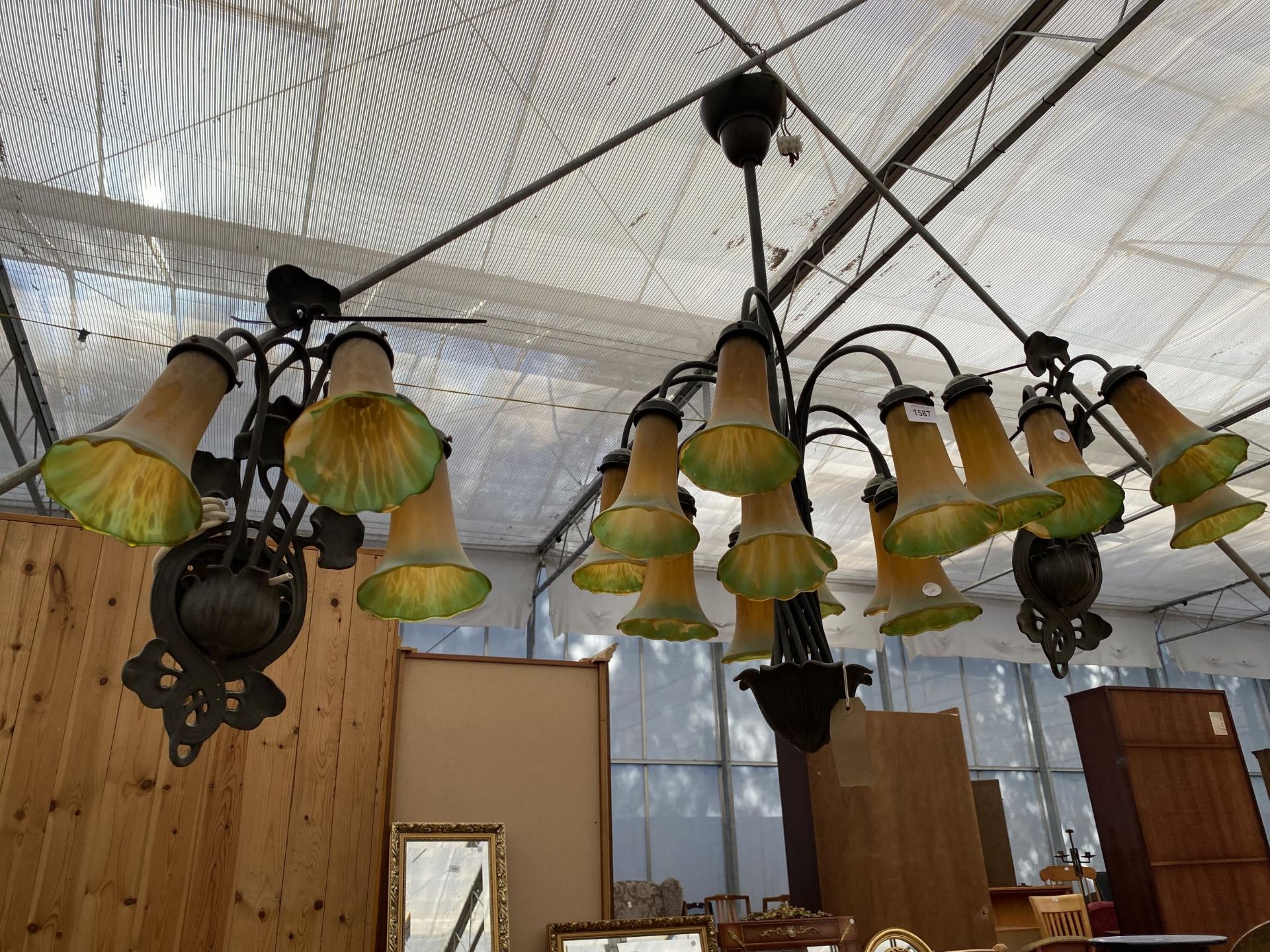 THREE ART DECO STYLE LIGHT FITTINGS WITH COLOURED GLASS SHADES TO INCLUDE A CEILING LIGHT AND TWO