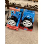 TWO PLASTIC THOMAS THE TANK ENGINE TOYS TO INCLUDE A CHILDS RIDE ALONG THOMAS