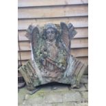 A VERY GOOD EARLY 19C CARVED SANDSTONE ANGEL - POSSIBLE IRISH INTEREST APPROX 90CM X 40CM - 85CM