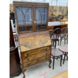 A MID 20TH CENTURY SHINY WALNUT BUREAU BOOKCASE WITH FITTED INTERIOR AND CABRIOLE LEGS, 30" WIDE