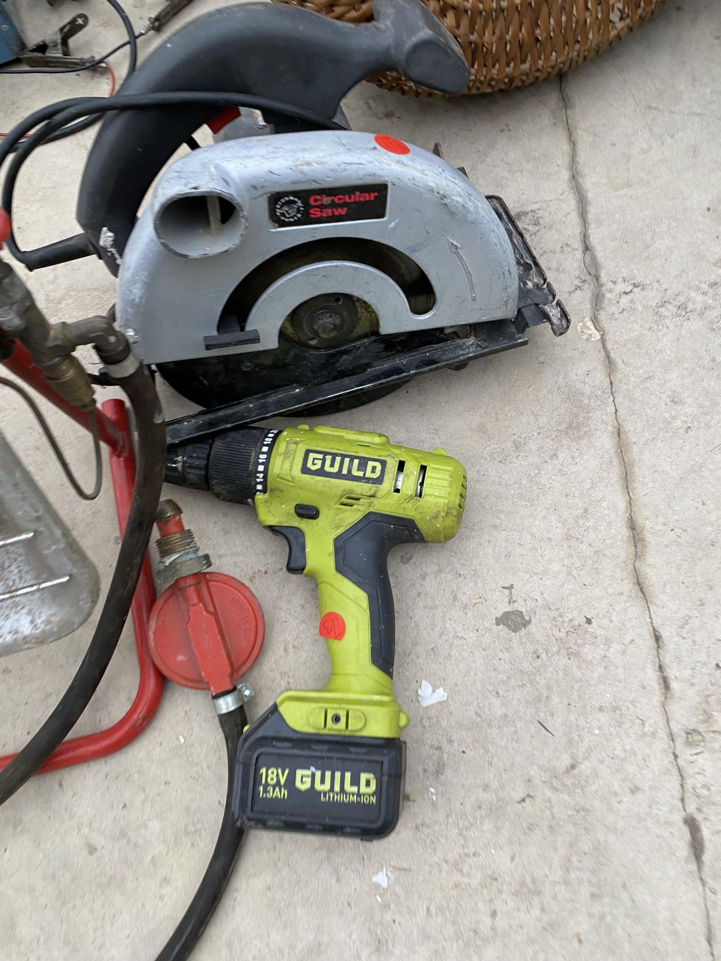 A GAS HEATER, AN ELECTRIC CIRCULAR SAW AND A GUILD BATTERY DRILL - Image 2 of 3