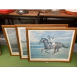 THREE FRAMED PRINTS OF RACEHORSES - NIJINSKY LESTER PIGGOTT UP, GRUNDY, PAT EDDERY UP AND ARKLE, PAT