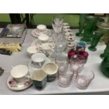A QUANTITY OF CHINA AND GLASSWARE TO INCLUDE ROYAL ALBERT 'MARGEURITE' TRIOS, ETC