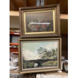 TWO FRAMED OIL PAINTINGS - STILL LIFE OF FRUIT AND A RIVER AND BRIDGE SCENE