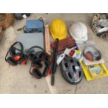 AN ASSORTMENT OF ITEMS TO INCLUDE HARD HATS, EAR DEFENDERS AND A BATTERY CHARGER ETC