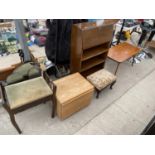 A RETRO COFFEE TABLE, 1950'S BUREAU, SMALL STOOL, LOW BEDSIDE CHEST AND PIANO STOOL