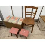 A LLOYD LOOM STYLE OTTOMAN AND TWO SMALL STOOLS