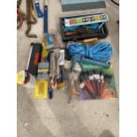 A LARGE ASSORTMENT OF TOOLS TO INCLUDE PAINT BRUSHES, DRILL BITS AND SAWS ETC