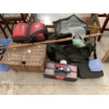 A LARGE QUANTITY OF FISHING TACKLE TO INCLUDE TWO TACKLE BOXES, A SPLIT CANE ROD AND FLOATS ETC