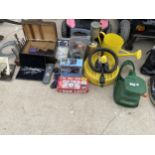 AN ASSORTMENT OF ITEMS TO INCLUDE DRILL BITS, A WATERING CAN AND A GARDEN SEEDER ETC