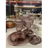 A SELECTEION OF PURPLE CLOUD GLASSWARE TO INCLUDE MAINLY VASES, LIDDED POT AND BOWLS