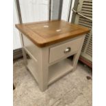 A MODERN PAINTED BEDSIDE TABLE WITH OAK TOP