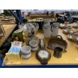 A MIXED LOT TO INCLUDE A COPPER CRUMB TRAY, A BAAROMETER, LARGE GLASS BOWL, GRADUATED JUGS, FIGURES,