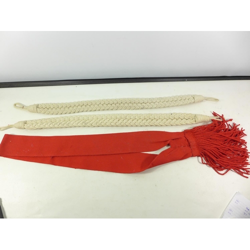TWO BRITISH ARMY RED SASHES, LENGTH 90CM, AND TWO CORDED, U.S. AIRBORNE CANVAS BAG, TWO BELTS AND