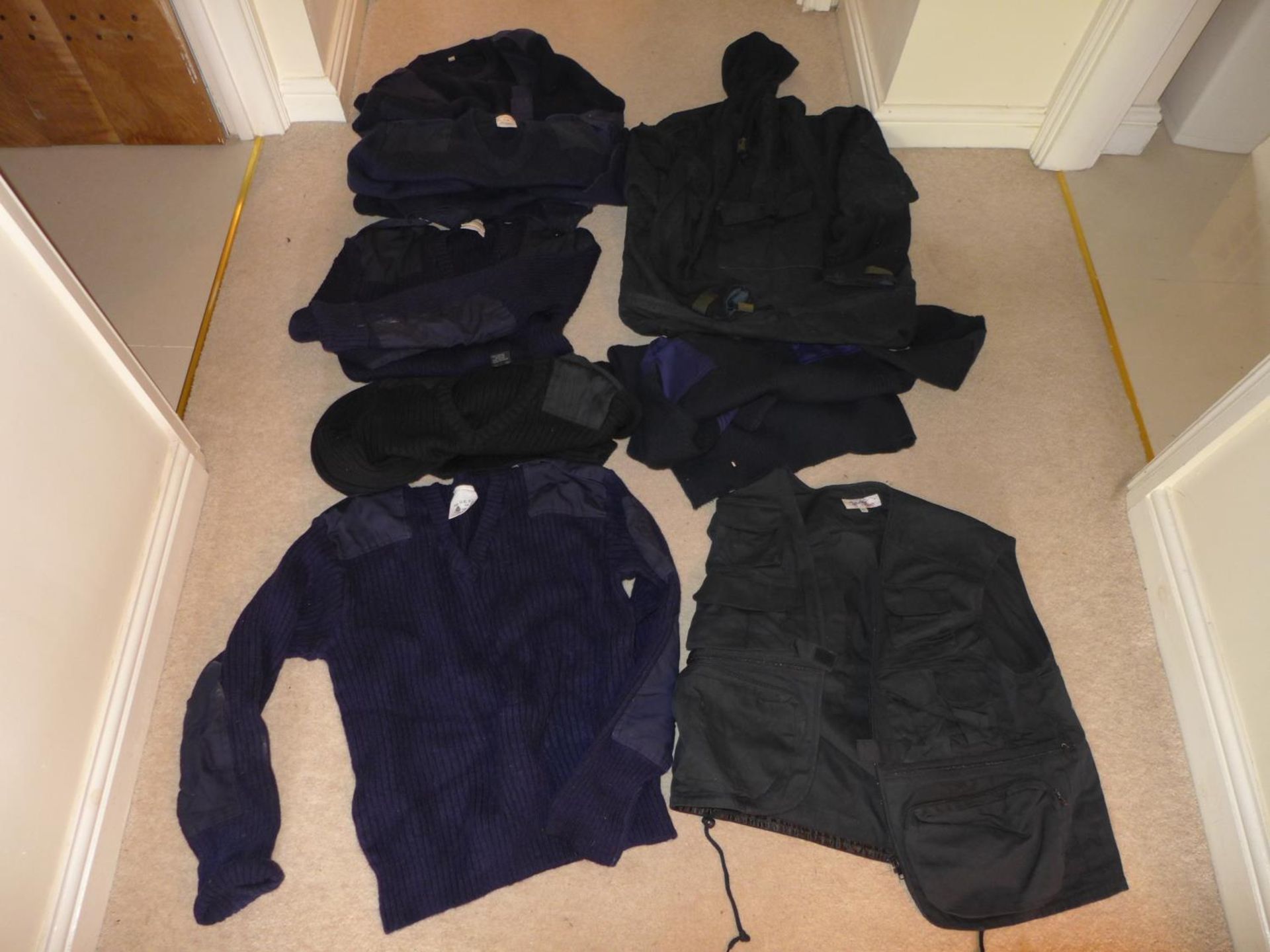 SIX ROYAL NAVY BLUE PULLOVERS, UTILITY WATERPROOF JACKET ETC