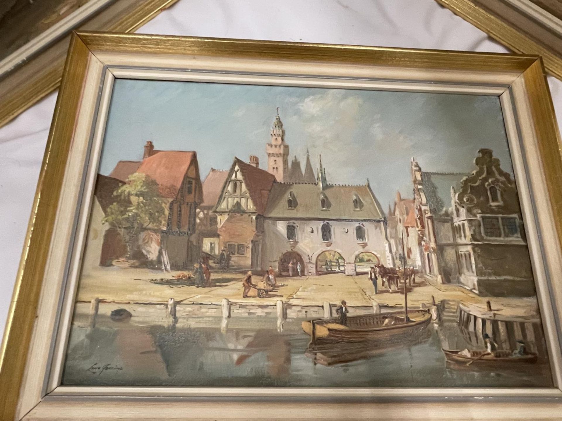THREE FRAMED OIL ON CANVAS BY LOUIS JENNINGS, SHEFFIELD (BORN 1919) OF TOWN AND RIVER SCENES TO - Image 4 of 6