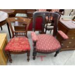 A VICTORIAN MAHOGANY ELBOW CHAIR AND DINING CHAIR