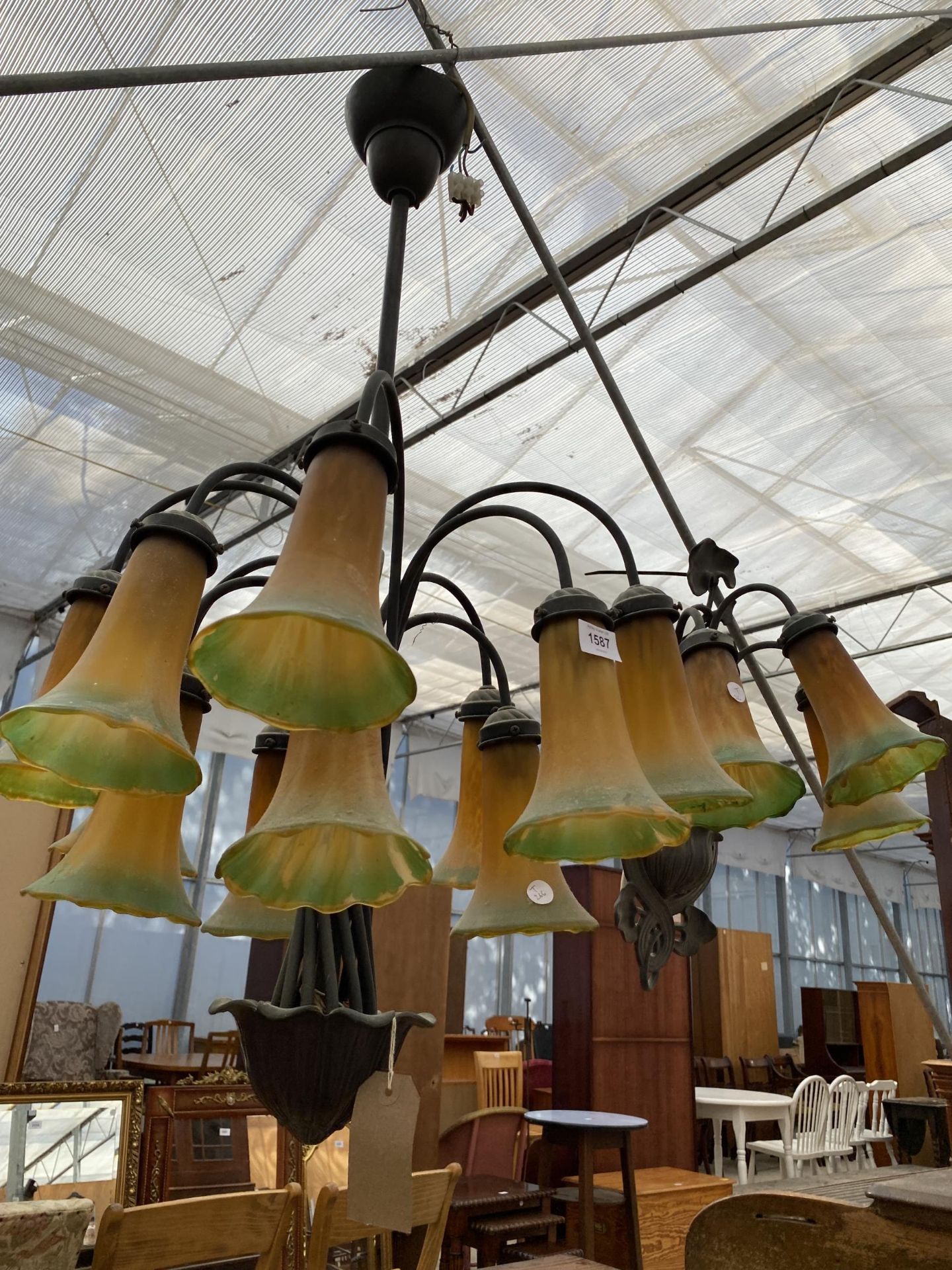 THREE ART DECO STYLE LIGHT FITTINGS WITH COLOURED GLASS SHADES TO INCLUDE A CEILING LIGHT AND TWO - Image 2 of 5