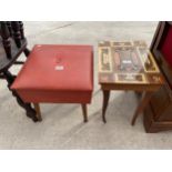 A SMALL INLAID MUSICAL TABLE AND SHERBORNE WORK BOX/STOOL