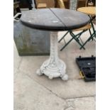 A 19TH CENTUARY COALBROOKDALE CAST IRON TABLE BASE WITH WOODEN TOP ON SCROLL FEET AND THE COLUMN