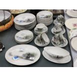 AN ORIENTAL DINNER SERVICE TO INCLUDE PLATES, SAUCE BOAT, CUPS, SAUCERS, ETC