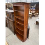 A MODERN CHERRYWOOD BOWFRONTED OPEN SIX TIER BOOKCASE 34" WIDE, 15" DEEP AND 81" HIGH