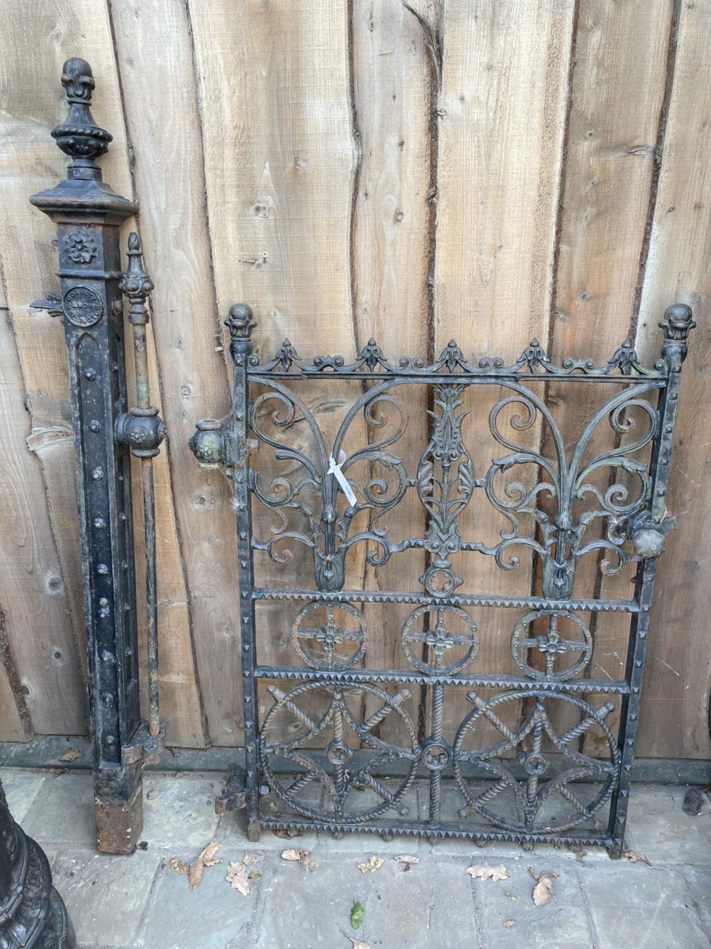 VICTORIAN CORBET OF WELLINGTON CAST IRON GATE + POST - REPAIRED APPROX 100CM X 150CM TO TOP OF POST