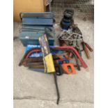 A LARGE ASSORTMENT OF TOOLS TO INCLUDE SAWS, SHEARS AND CROW BARS ETC