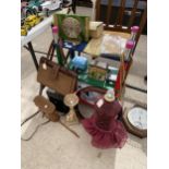 AN ASSORTMENT OF ITEMS TO INCLUDE A SHELVING UNIT, A BRACE DRILL AND A SMALL DOLLS MANEQUIN ETC