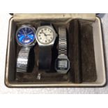 THREE VARIOUS VINTAGE WRISTWATCHES IN A BOX