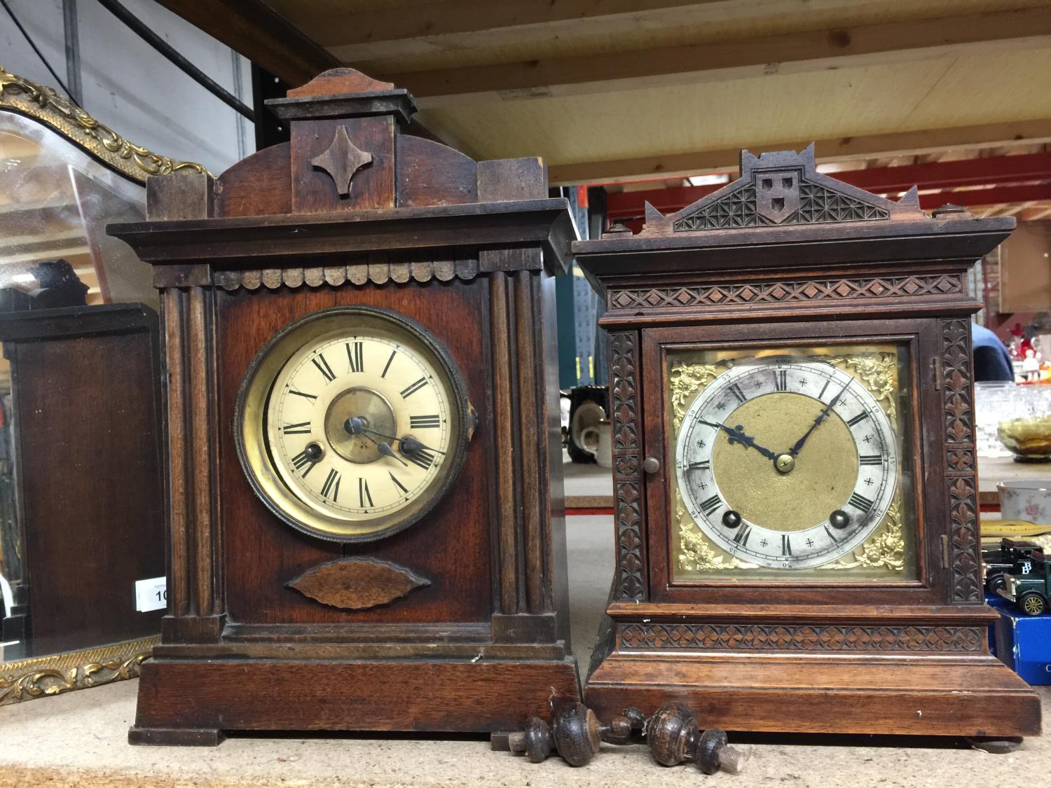 TWO VINTAGE MAHOGANY CASED MANTLE CLOCKS, BOTH WITH KEYS AND PENDULUMS