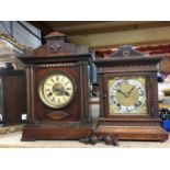 TWO VINTAGE MAHOGANY CASED MANTLE CLOCKS, BOTH WITH KEYS AND PENDULUMS